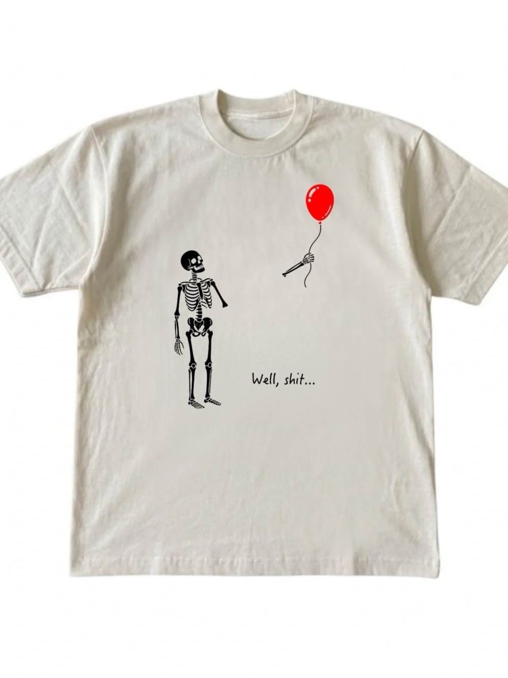Cream Graphic Tee with Red Balloon Skeleton Print